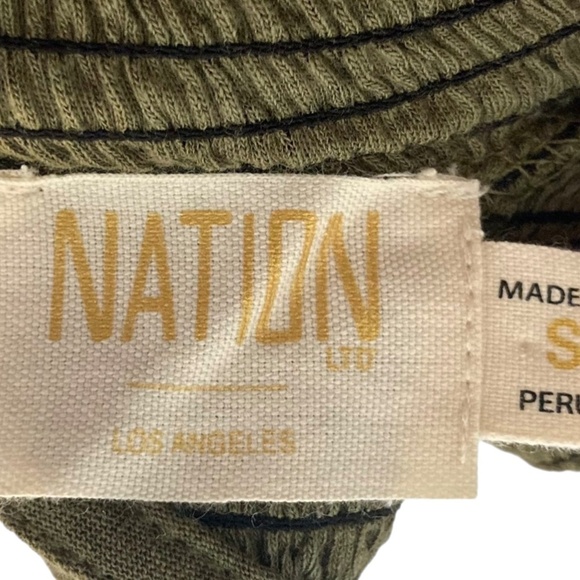 NATION LTD Yael Smocked High Ruffle Neck Top Ozark Green Pima Cotton Cutout Back - Picture 8 of 16